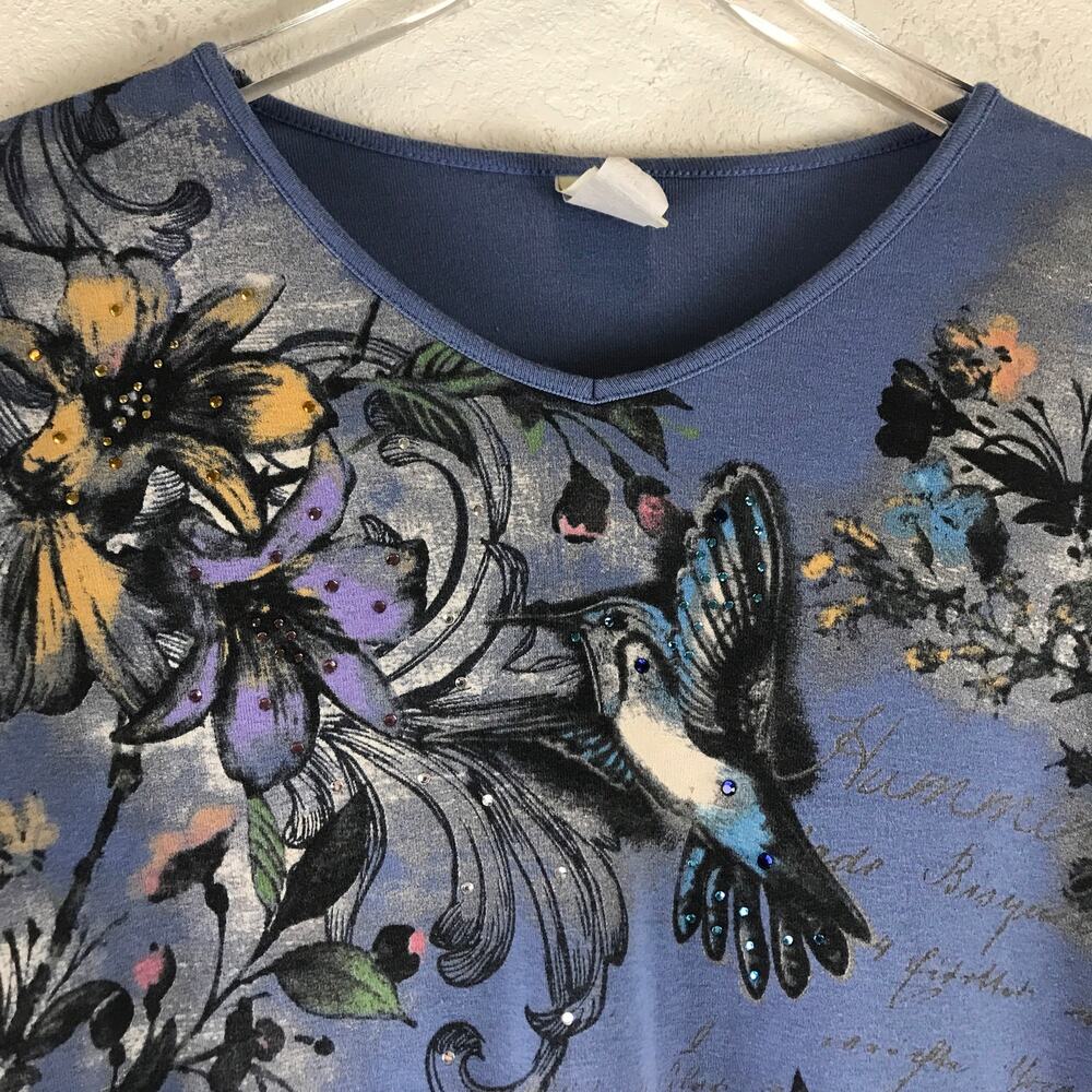 Jess & Jane Hummingbird Flower 100% Cotton Graphic Blouse Top USA Made Size XL - Picture 3 of 8
